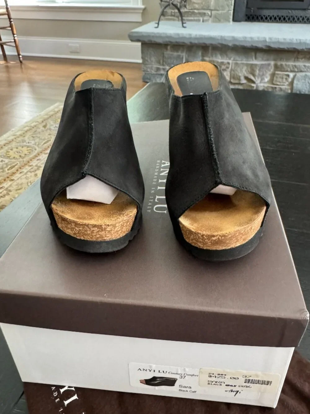 Anyi Lu Black Soft Suede Peep Toe Wedge Mules Slip On